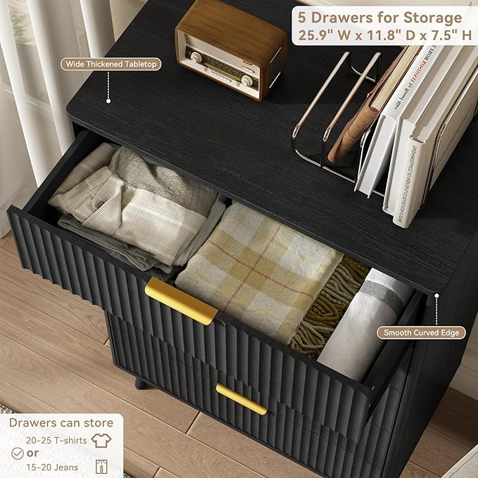 CARPETNAL Fluted 5 Drawers Dresser for Bedroom, 45" Tall Wooden Chest of Drawers with Rounded Corners, Gold Handles, Modern Storage Organizer for Bedroom, Hallway (Black)