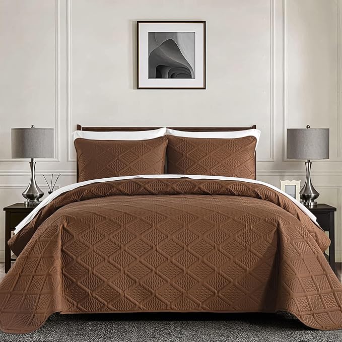 Yiran Brown Quilt Set King Size, 3 Piece Reversible Bedspreads Bedding Set, Winter Diamond Pattern Coverlet for All Season with 2 Pillow Shams (King, 106x96 Inch)