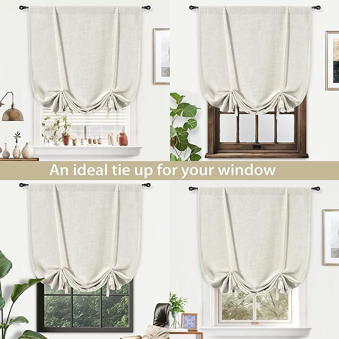 DriftAway Double Layer Linen Blackout Tie Up Curtains Thermal Insulated Fully Lined Balloon Roman Shade Bathroom Window Adjustable Rod Pocket for Small Window 39 Inch by 55 Inch Light Linen
