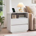 Farmhouse White Nightstand with Charging Station, 25" Tall Wood Bedside Table, Modern Night Stand with 2 Storage Drawers, Curved Profile, End Table for Bedroom, Dorm, Sofa, Office