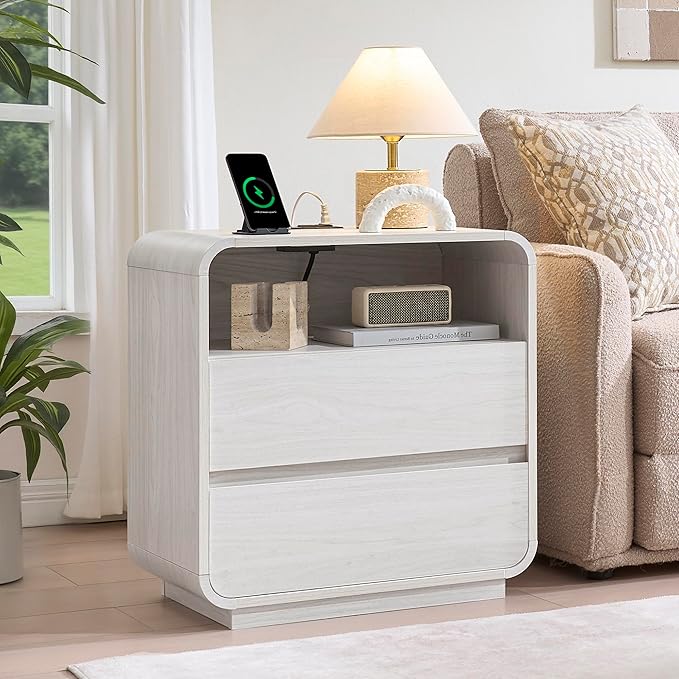 White Nightstand Set of 2 with Charging Station, 23.2" Wide Wood Bedside Table, Modern Night Stand with 2 Storage Drawers, Curved Profile, Handleless End Table for Bedroom Office Dorm