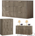 LEYAOYAO Fluted Dressers & Nightstand Set of 4, Wood 48" Wide Dresser & 42" Tall Chest of Drawers,Modern Bedroom Furniture Sets, Grey Wooden Nightstand Set of 2 with 3 Drawers & Charging Station
