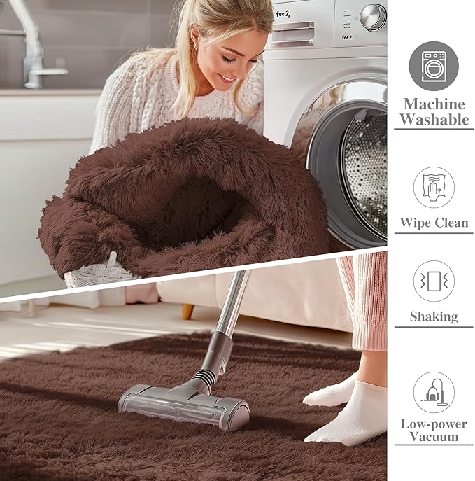 OLANLY 3x5 Machine Washable Small Bedside Rug, Soft Fluffy Shaggy Rugs for Living Room, Bedroom, Indoor Floor Carpet for Kids Girls and Boys, Preppy Dorms, Nursery, Home Decor Aesthetic, Coffee