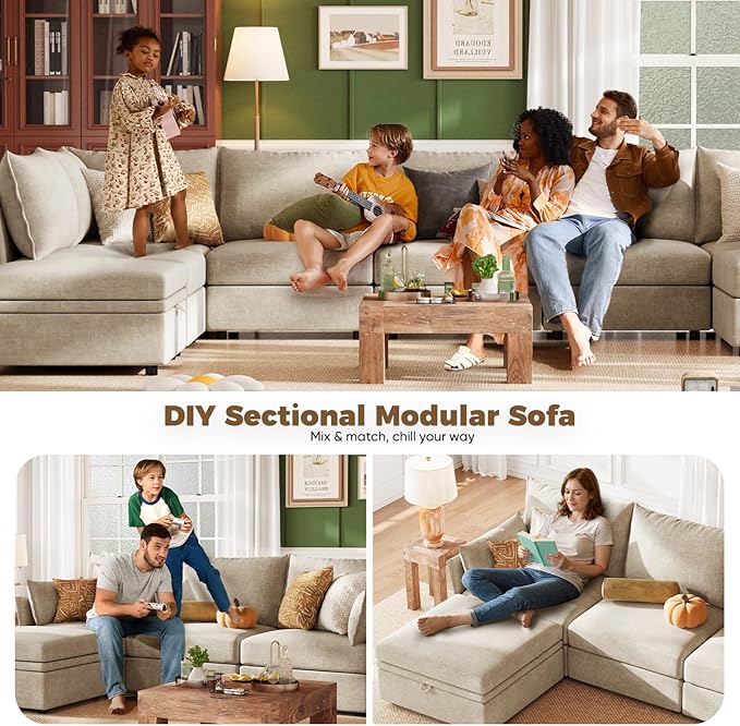 ABCASA 135.5" Oversized Modular Sectional Sofa, L Shaped Convertible Couch with Movable Ottoman, 5 Seat Corner Couches for Living Room Deep Seat Beige Chenille