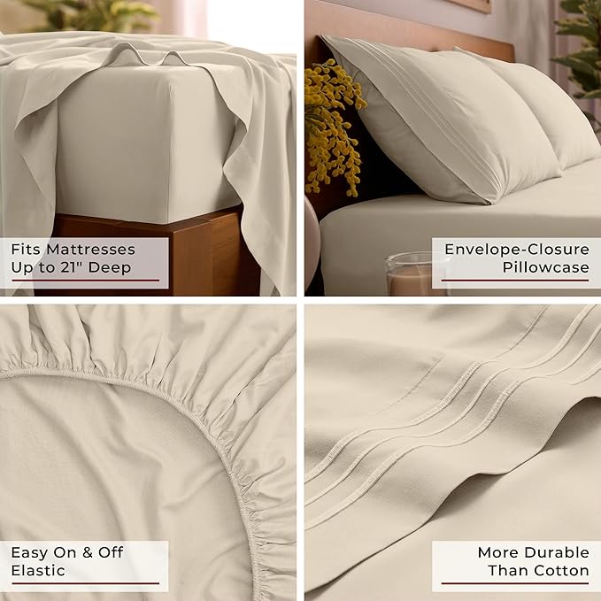 Mellanni California King Sheet Set - 6-Piece Iconic Collection Bedding, (Including 4 Pillowcases), 21-Inch Extra Deep Pocket, Easy Care, Ultra Soft, Cooling Sheets, Brushed Microfiber - Beige