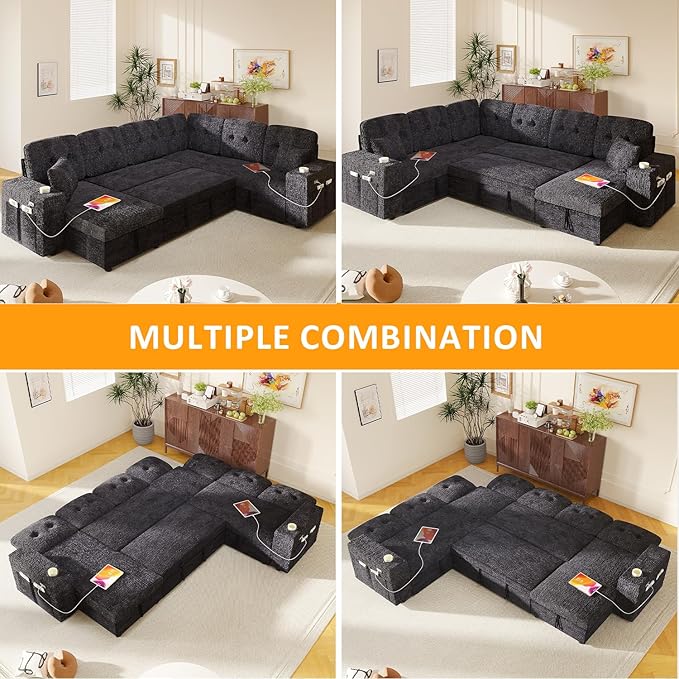 Modular Sectional Sleeper Sofa with Pull Out Bed, U Shaped 7 Seat Sectional Couches for Living Room, 108 Inch Sofa Bed with Adjustable Backrest | Hidden Storage | Wide Armrest | Navy Blue