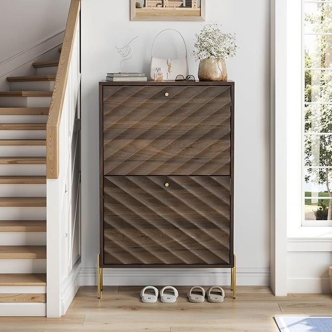 Vibe & Dine 2 Flip Drawer Shoe Cabinet, Modern Shoe Organizer for Entryway Slim, Freestanding Wood Shoe Rack Cabinet for Hallway, Bedroom, Living Room, Black Walnut