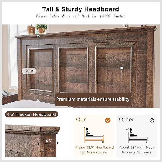 ACCOHOHO Farmhouse Queen Size Bed Frame with 52" Tall Headboard, Wood Platform Bedframe with Footboard and Storage Drawers, No Squeak, No Box Spring Needed, Light Brown