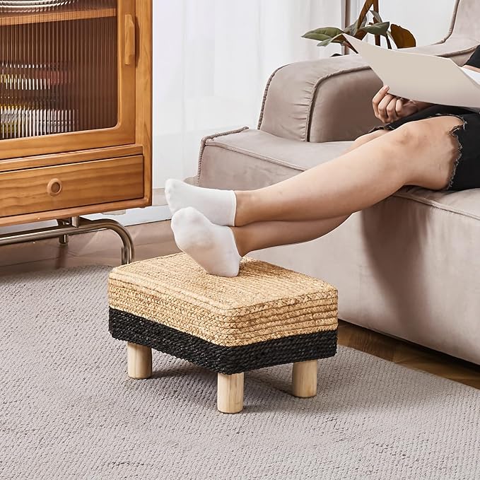 Wimarsbon Natural Seagrass Footstool Ottoman Rectangular Footrest Pouf Ottomans with Wooden Legs Hand Weave Step Stool for Living Room Bedroom Entryway Black