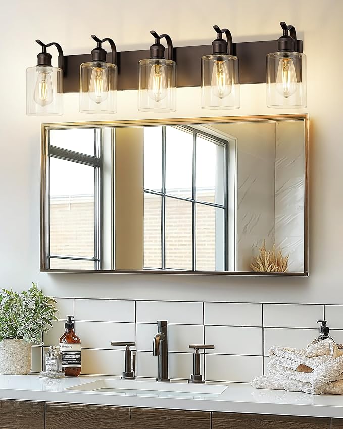 5 Light Bathroom Vanity Light, Morden Bath Lights Over Mirror Oil Rubbed Bronze Bathroom Sconce Lights with Clear Glass Shade ZCVL01ORB-5