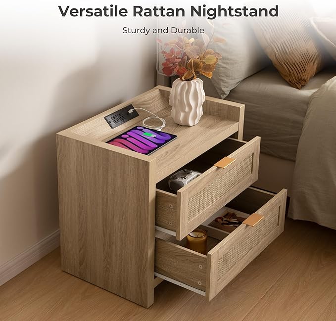 SICOTAS Rattan Nightstands Set of 2 Bedside Table - Bedroom Night Stand with Type-C Charging Station, 2 Drawers Storage - Boho Night Stands End Table for Bedroom Office - Light Oak