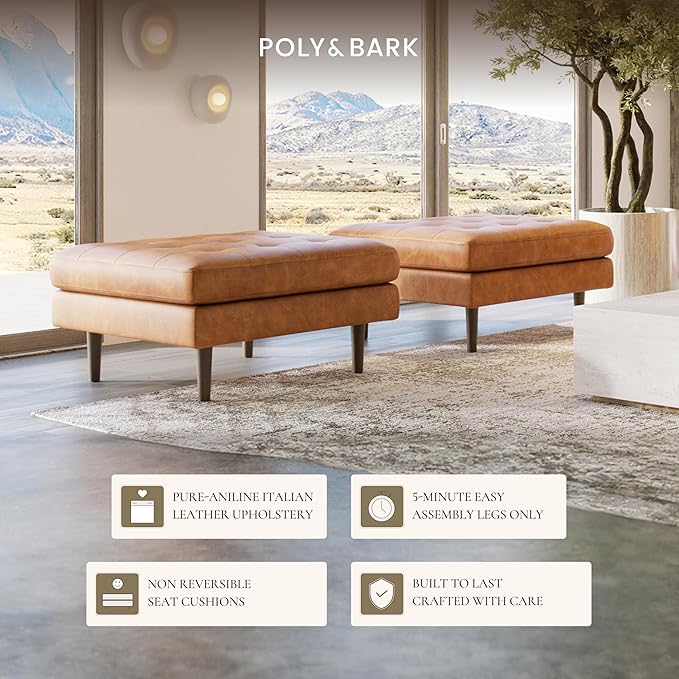 Poly & BARK Napa Ottoman - Full-Grain Leather Upholstered Ottoman with Feather-Down Topper - Couch for Living Room - Vintage Italian Leather in Cognac Tan