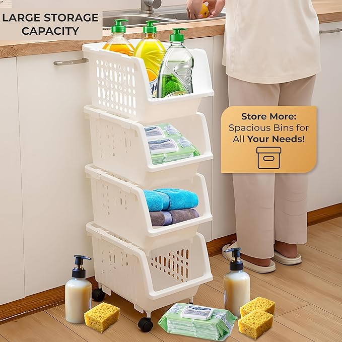 TidyFriend Stackable Storage Bins for Pantry - 4 Pack Small Stackable Bins for Organizing Food, Kitchen, and Bathroom Essentials (White)