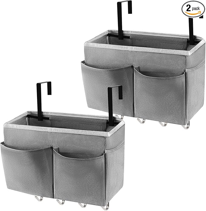 Bedside Storage Organizer 5 Pockets with 4 Hooks Hanging Storage Bag for Headboards/Bunk Bed (2Pack Grey)
