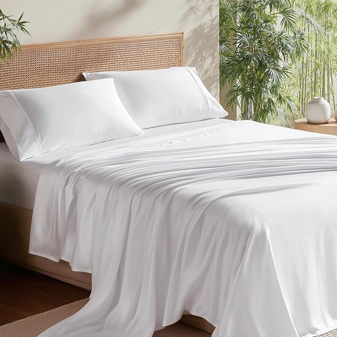 Bedsure Full Size Bed Sheets, Cooling Sheets, Rayon Derived from Bamboo, Deep Pocket Up to 16", Breathable & Soft, Hotel Luxury Silky Bedding for Hot Sleepers, White