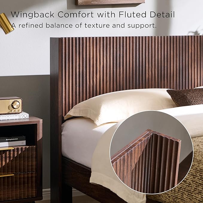 T4TREAM Fluted Queen Size Bed Frame with Wingback Headboard, Footboard Storage Bench with Built-in Drawers & Lift-Up Compartments, Wood & Steel Platform Bed, No Box Spring Needed, Dark Walnut