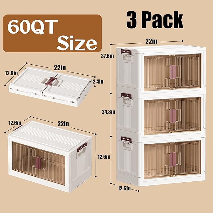 45GAL/180QT 3 tier large stackable storage bins with lid and wheels, collapsible storage bins plastic with doors，suit for clothes, closet, home and office