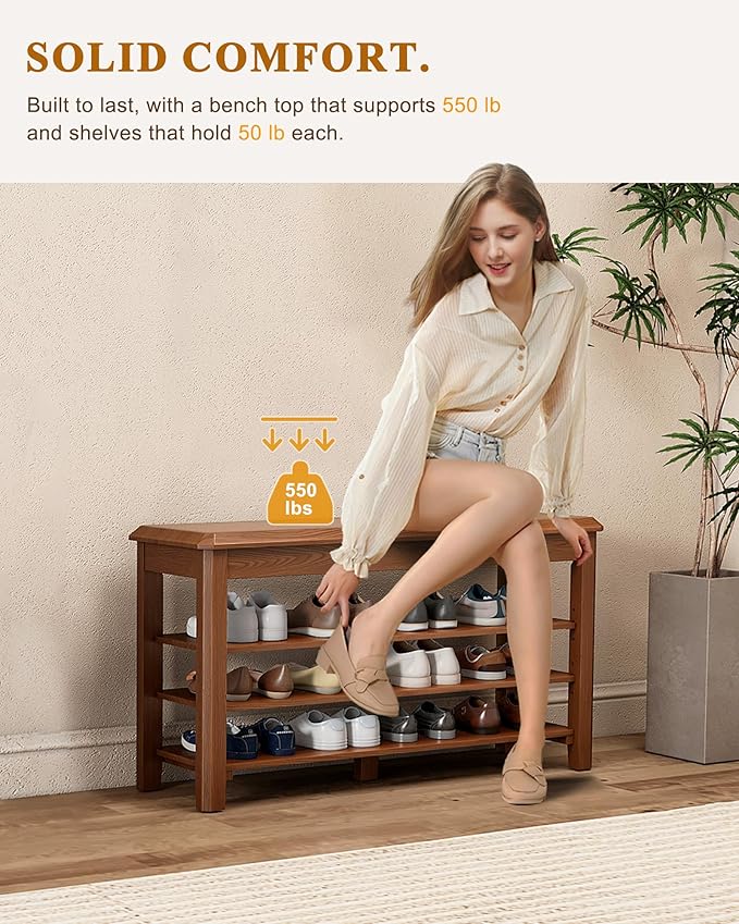 Shoe Rack Bench Seat Rubberwood 3-Tier Wooden Storage Bench 550lbs Compact Mid-Century Modern Design for Entryway, Hallway, Closet, Front Door Entrance, Foyer