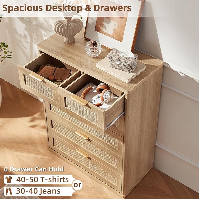 LEYAOYAO Rattan Dresser for Bedroom, 41" Tall Chest of Drawers, Modern 6 Drawers Boho Dressers with Storage, Light Oak Dresser Wooden Closet Organizer for Living Room, Hallway, Natural Wood