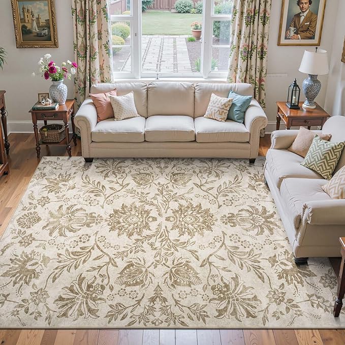 jinchan Torino Floral 8x10 Area Rugs, Vintage-Inspired Neutral Design Accent Living Room Rug, Machine Washable Ultra-Thin Low-Pile Non-Slip Traditional Carpet for Bedroom Home Office, Taupe