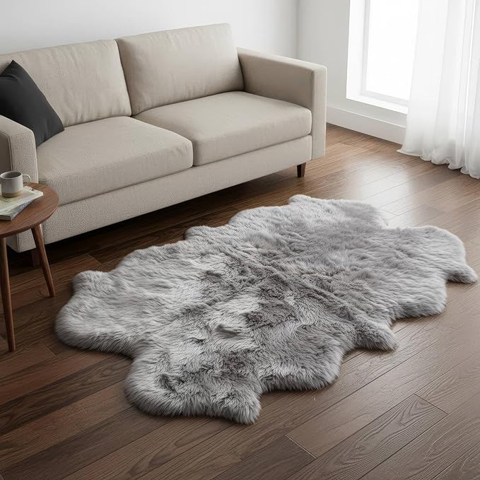 Silver Gray Sheepskin Rug for Bedside - 4x6 Sheep Skin Living Room Rugs - Soft & Fluffy Textured Natural Fur Bedroom Rug