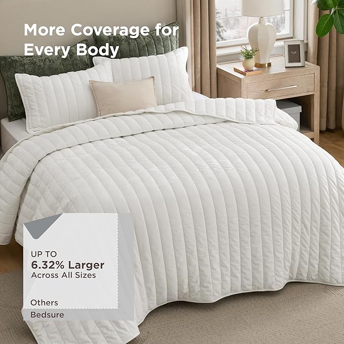 Bedsure Velvet Quilt King Size Set - 108"x96" Lightweight Velvet Comforter King, Oversized Luxury Bedspread Coverlet, Ultra-Soft Winter Bedding Set with 2 Pillow Shams, Cream White