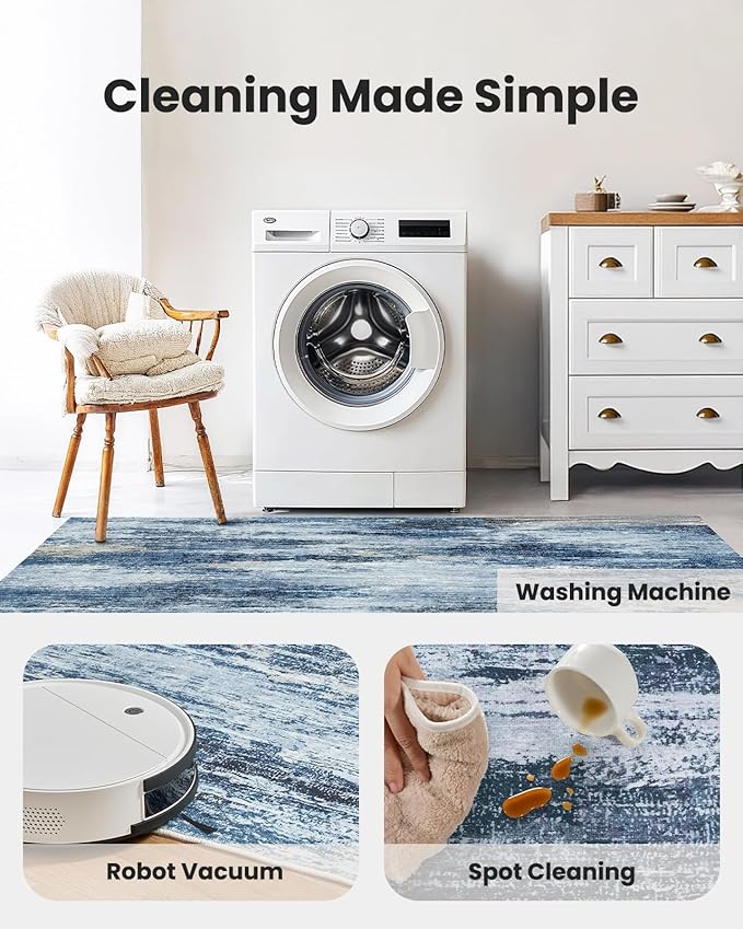 AMADA HOMEFURNISHING 5x7 Area Rugs for Living Room, Modern Abstract Washable Rug Neutral Soft with Non-Slip Backing & Low Pile Kids Rug for Resistant, Bedroom, Nursery Home Office, Blue