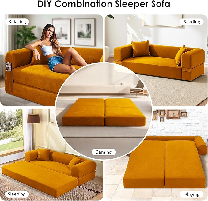 80" Convertible Sofa Bed, 3-in-1 Corduroy Folding Pull Out Couch with Pillows, No Assembly Modern Boneless Couch Compression Sofa in Box, Floor Sofa with Side Storage Pocket for Living Room, Yellow