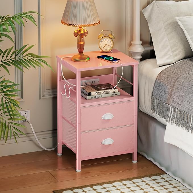 Furologee Nightstand with Charging Station, Night Stand with 2 Fabric Drawers, Side Table with USB Ports, End Table with Storage Shelf, for Living Room/Bedroom, Pink