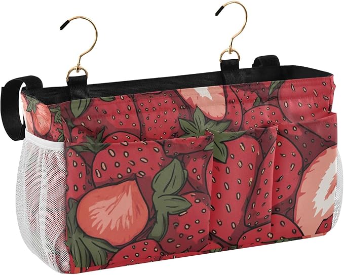 Bedside Caddy Hanging Bunk Bed Caddy Bed Organizer Hanging Pocket with 2 Hooks Bedside Storage Organizer Pocket Bag Holder Cartoon Red Strawberry