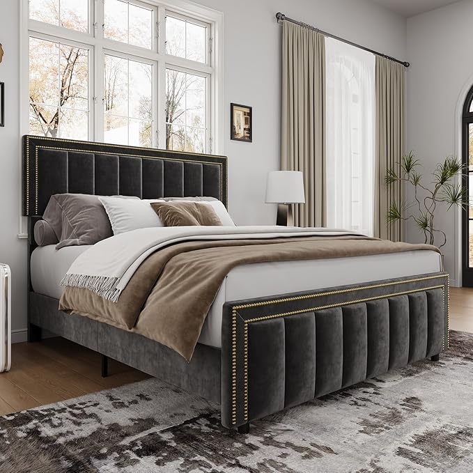 BarnFurin Full Size Bed Frame with 50" Tall Headboard and Footboard, Chenille Upholstered Platform Bed, Vertical Channel Tufting with Nailhead Trim, No Box Spring Needed, Easy Assembly, Black