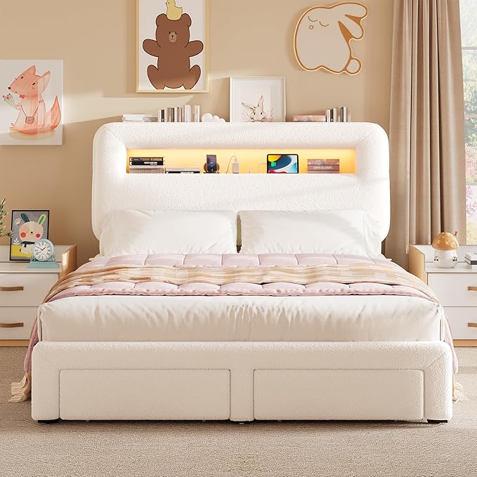 King LED Bed Frame with Storage Headboard & Charging Station, Kids Bed Frames with Bookcase, Teddy Fleece Upholstered Platform Bed Frames with 2 Storage Drawers, Noise Freed, Beige