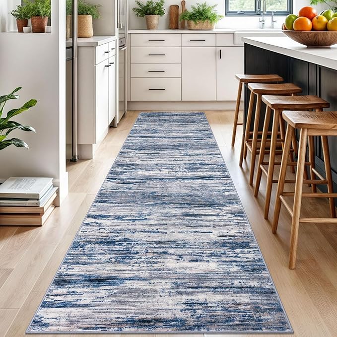 3x10 Modern Abstract Runner Rug for Hallways, Navy Blue Gray Neutral Multi Super Soft Hallway Decor Kitchen Rugs with Non-Slip, Non-Shedding Washable Rug for Entryway Bedroom Indoor