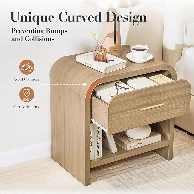 Night Stand Set of 2 [Unique Curved Profile] [FSC-Certified Wooden Board] 1-Drawer and 1 Storage Shelf Nightstand 24" H Metal Handle Modern Bedside Table Side Table End Table for Bedroom