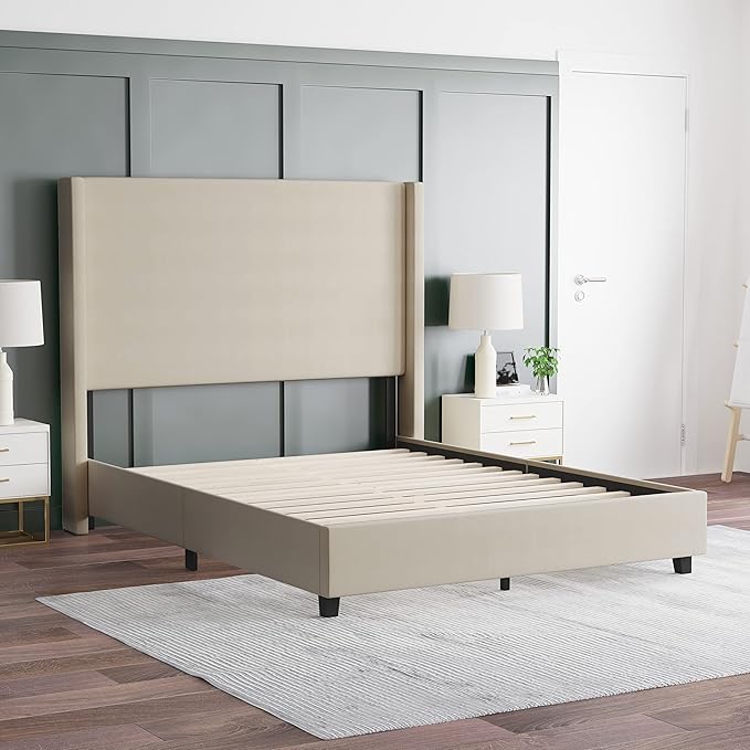 EMMA + OLIVER Nora Queen Size Faux Linen Upholstered Platform Bed with Plush Padded Wingback Headboard (No Box Spring Needed), Modern Upholstered Headboard Queen Bed Frame, Beige