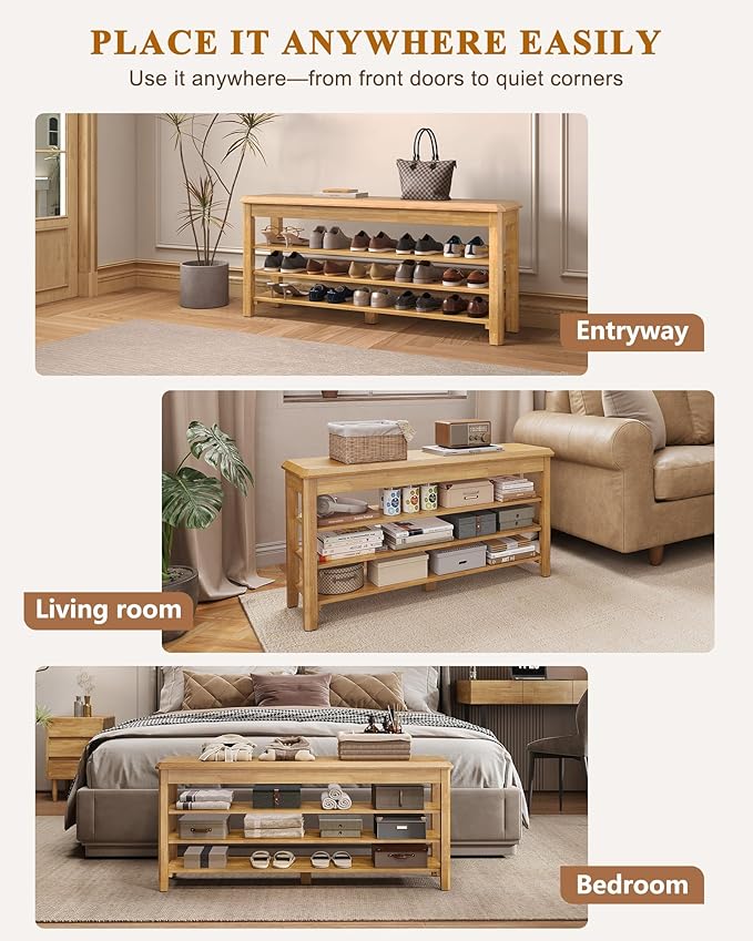 Shoe Rack Bench Seat Rubberwood 3-Tier Wooden Storage Bench 550lbs Compact Mid-Century Modern Design for Entryway, Hallway, Closet, Front Door Entrance, Foyer