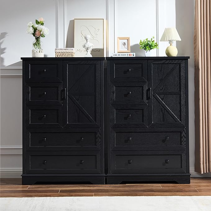 SOOWERY Black Dresser for Bedroom, 5 Drawers Farmhouse Wood Dresser with Double Storage Cabinet, 48 Inches Tall Chest of Drawers for Bedroom, Living Room, Hallway