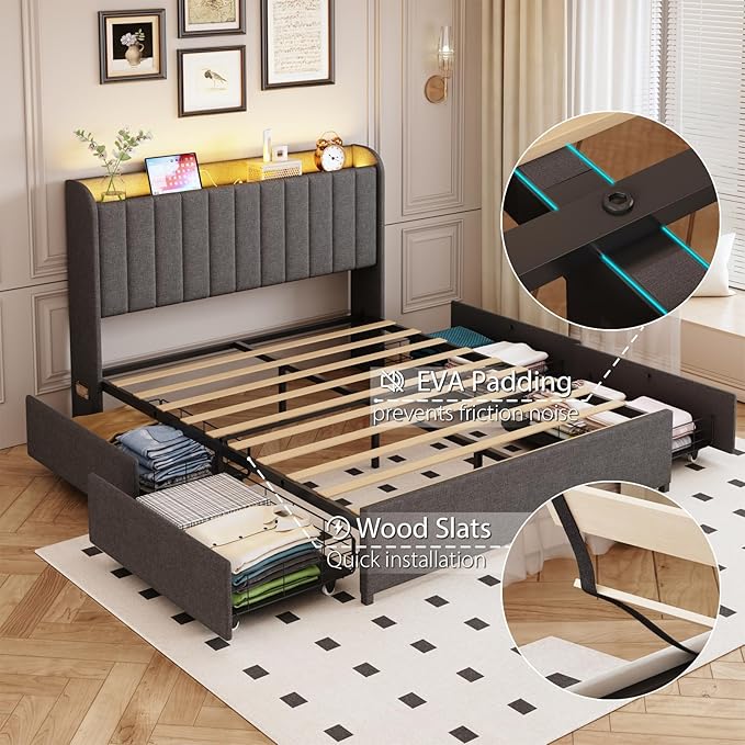 Queen Bed Frame with 4 Drawers and Storage Headboard, Upholstered Platform Bed Frame Queen Size with Led Lights and Handy Charging Station, No Box Spring Needed, Easy Assembly, Noise Free, Gray