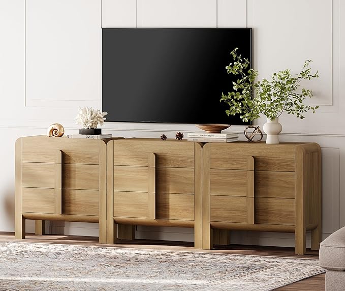 WAMPAT 3 in 1 9 Drawer Dresser for Bedroom, 94.5" Wide Mid Century Modern Wide Chest of Drawer, Wood Tall Nightstand with Curved Edge Handles, Closet Dresser TV Stand for Bedroom, Light Walnut