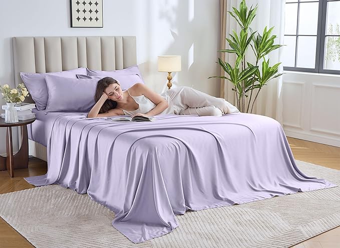 Pure Bamboo King Sheets, Genuine 100% Organic Viscose Derived from Bamboo Bed Sheet Set, Luxuriously Soft & Cooling, Double Stitching, 2 Year Quality Promise (King, Lavender)
