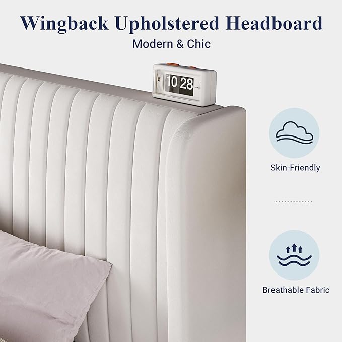 Allewie King Size Velvet Bed Frame/Vertical Channel Tufted Wingback Headboard/Upholstered Platform Bed/No Box Spring Needed/Strong Wooden Slats/Easy Assembly/White