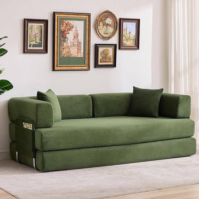Garvee 5-in-1 Convertible Sofa Bed, 78.8" Modular Corduroy Sleeper with Sturdy Frame & No Assembly, Multi-Functional Futon for Small Space, Living Room & Guest Room (Green)