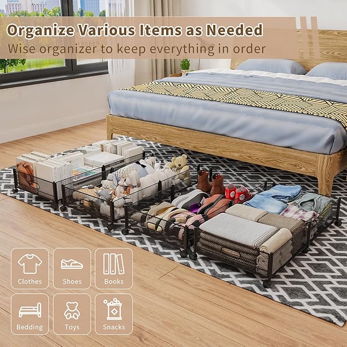 Under Bed Storage on Wheels, Upgraded 31.5 inch Large Rolling Under Bed Storage, Metal Foldable Underbed Drawers Organizer Tool-free Assembly Underbed Shoes Clothes Organize