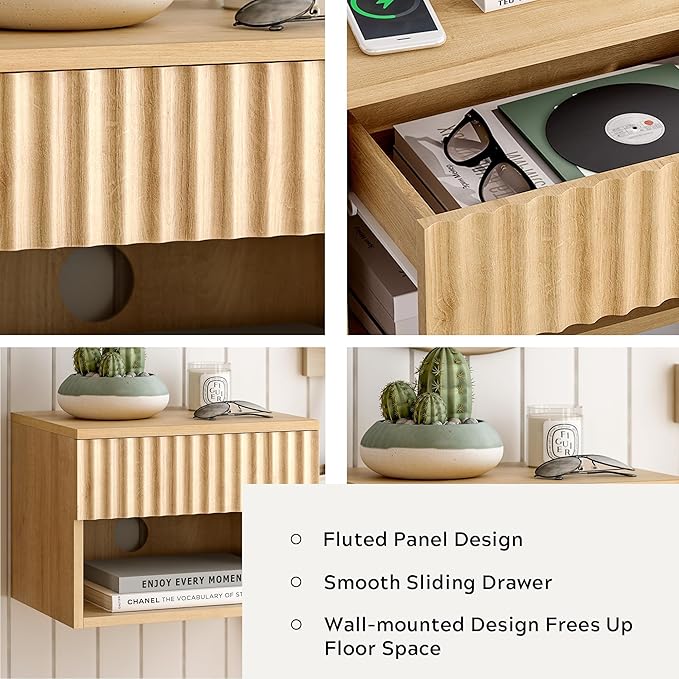 Floating Nightstands Set of 2 with Drawer and Open Shelf, Small Wall Mounted Bedside End Table, Modern Fluted Night Stand for Bedroom, Living Room, Natural Oak