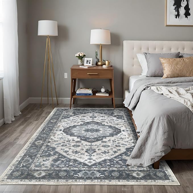 8x10 Vintage Washable Area Rug for Living Room,Low Pile Non Slip Carpet Non-Shedding Large Area Rug Soft Indoor Stain Resistant Rug Floral Print Mat for Bedroom Dining Room Blue Beige