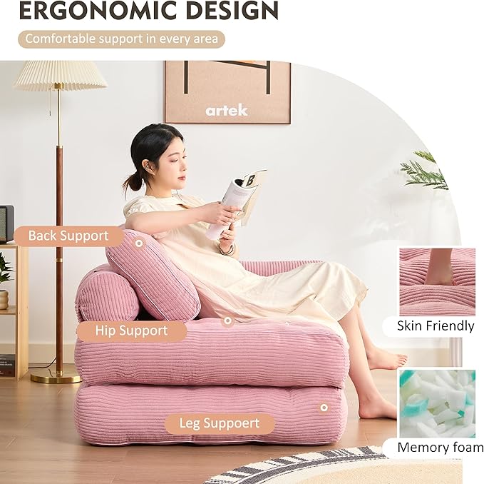 Plus Futon Sofa Bed for Small Spaces, Floor Couch with Armrest, Folding Sofa Couch, Convertible Sleeper Chair Bed with Pillow, Portable Comfy Floor Lounge for Living Room and Bedroom, Pink