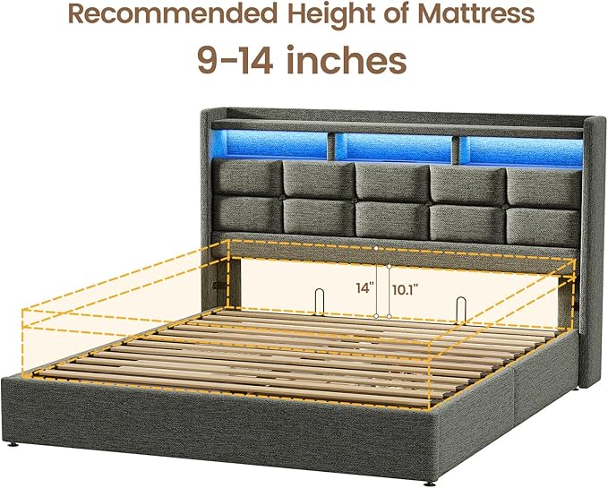 Lift Up Full Size Bed Frame with Storage, Upholstered Full Bed Frame with LED Lights Headboard and Charging Station, No Box Spring Needed, Easy Assembly - Dark Grey