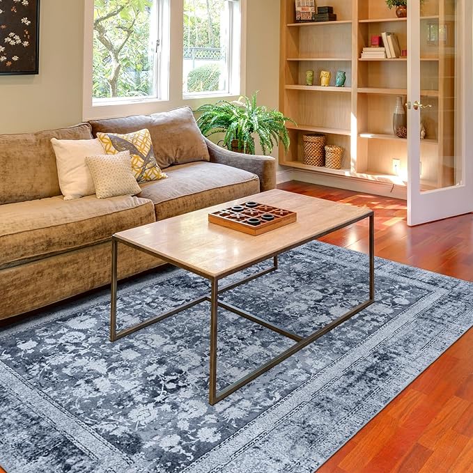 Area Rug 3×5, Vintage Boho Rug,Ultra-Soft Low Pile, Washable, Non Slip,Stain Resistant Printed Carpet for Living Room Bedrooms Playroom Office Kitchen, Solid/Blue