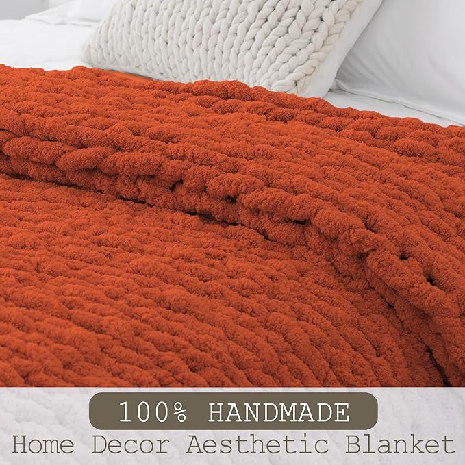 Chunky Knit Throw Blanket 50"X 60", 100% Handmade with Soft Chenille Yarn, 4.4lbs Thick Cable Knitted Blankets, Large Rope Knot Crochet Throws for Couch Sofa Bed Home Decor, Rust