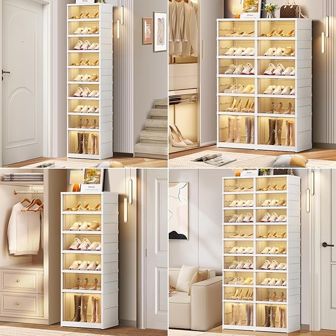 3-Tier Foldable Shoe Rack Organizer for Closet 12Pairs Plastic Shoe Shelf Collapsible Shoes Storage Box Clear Shoe Boxes Stackable with Door Easy Assembly Shoe Cabinet with Lids Large